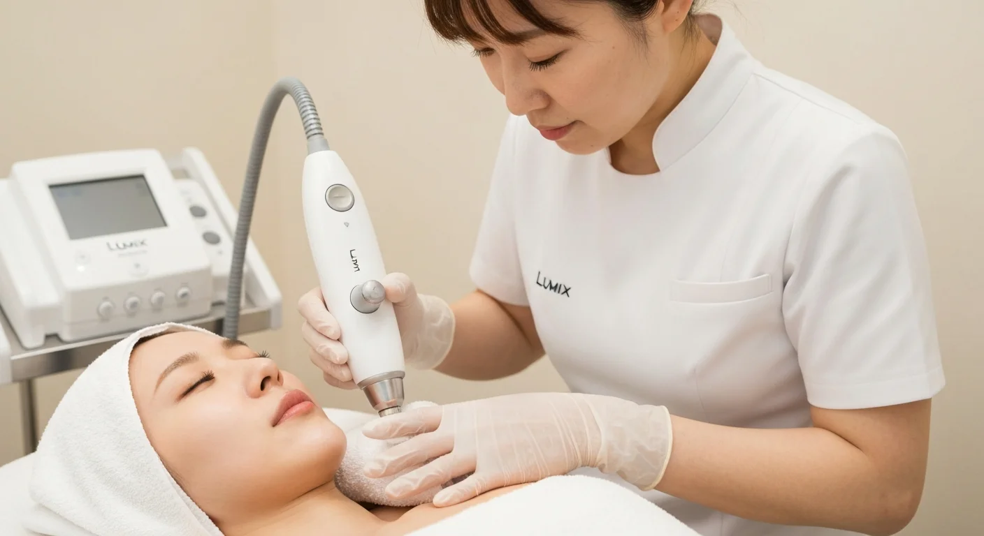 施術ベッドで横になったお客様の腕に、スタッフが脱毛機をあてている手元の施術風景