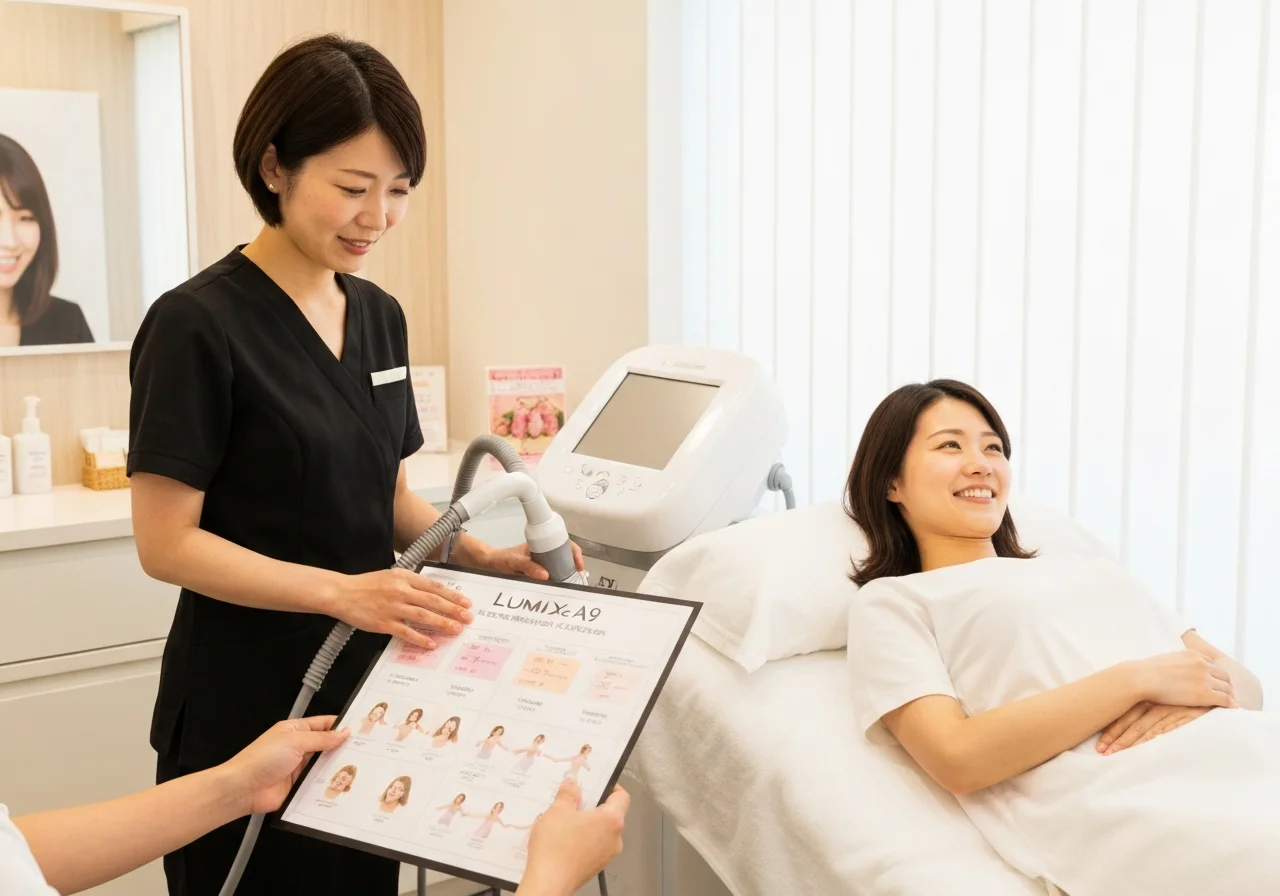 女性向けの脱毛部位表と料金案内を並べて相談している手元